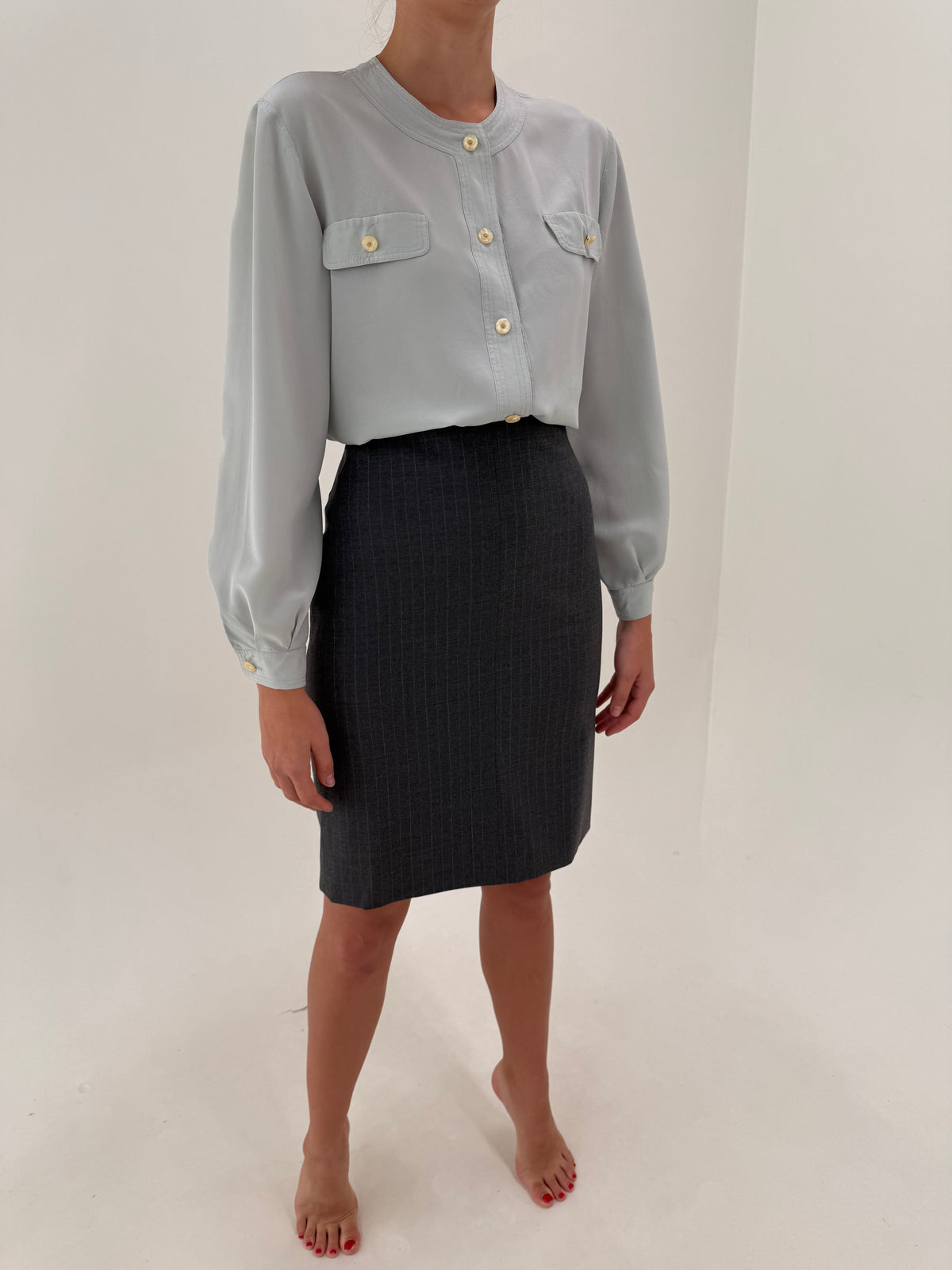 Fustă Moschino creion cu dungi fine verticale baby blue cu talie ultra înaltă