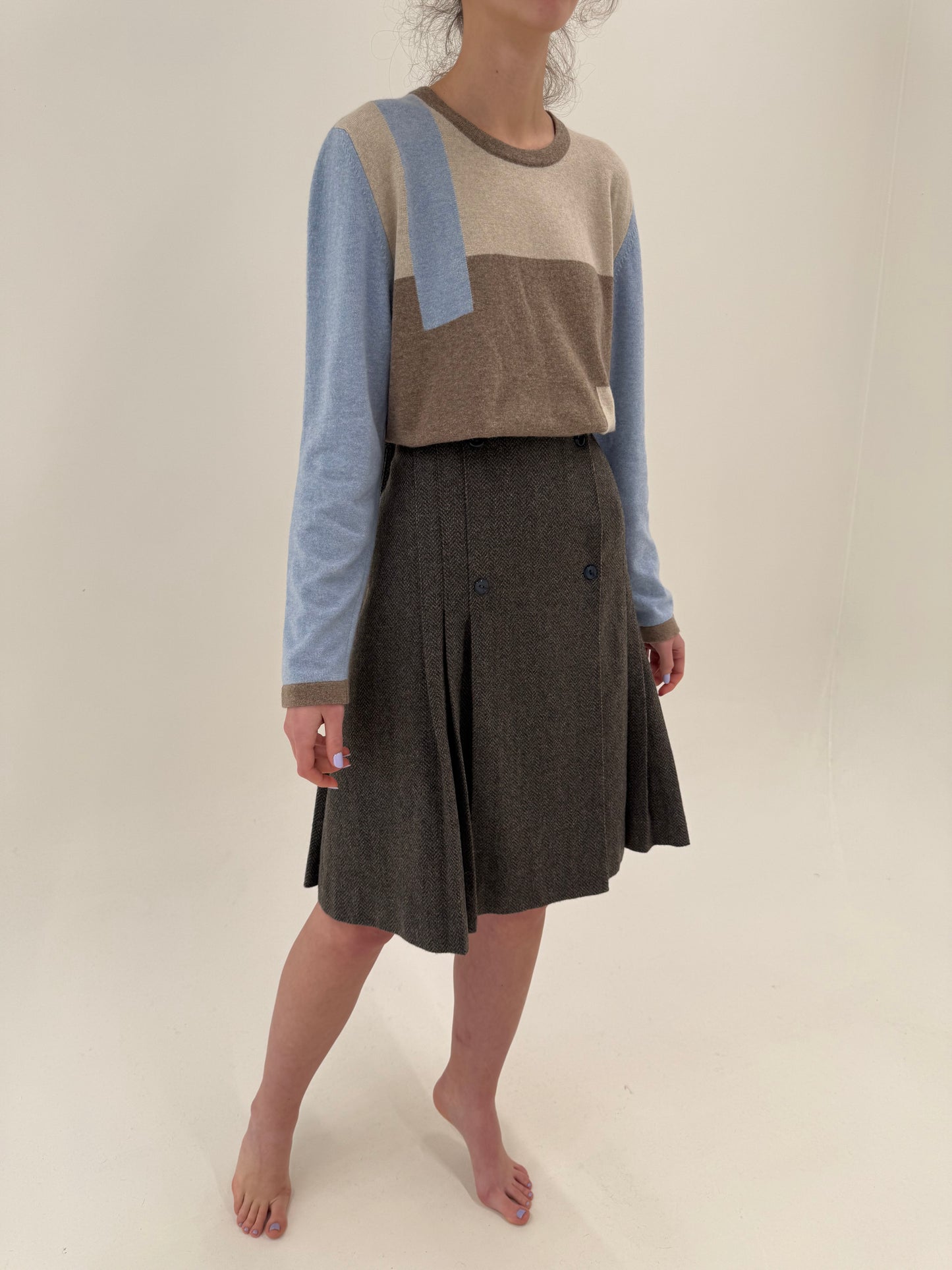 Fustă taupe și teal blue din Tartan de lana groasa cu pliseuri și talie ultra înaltă