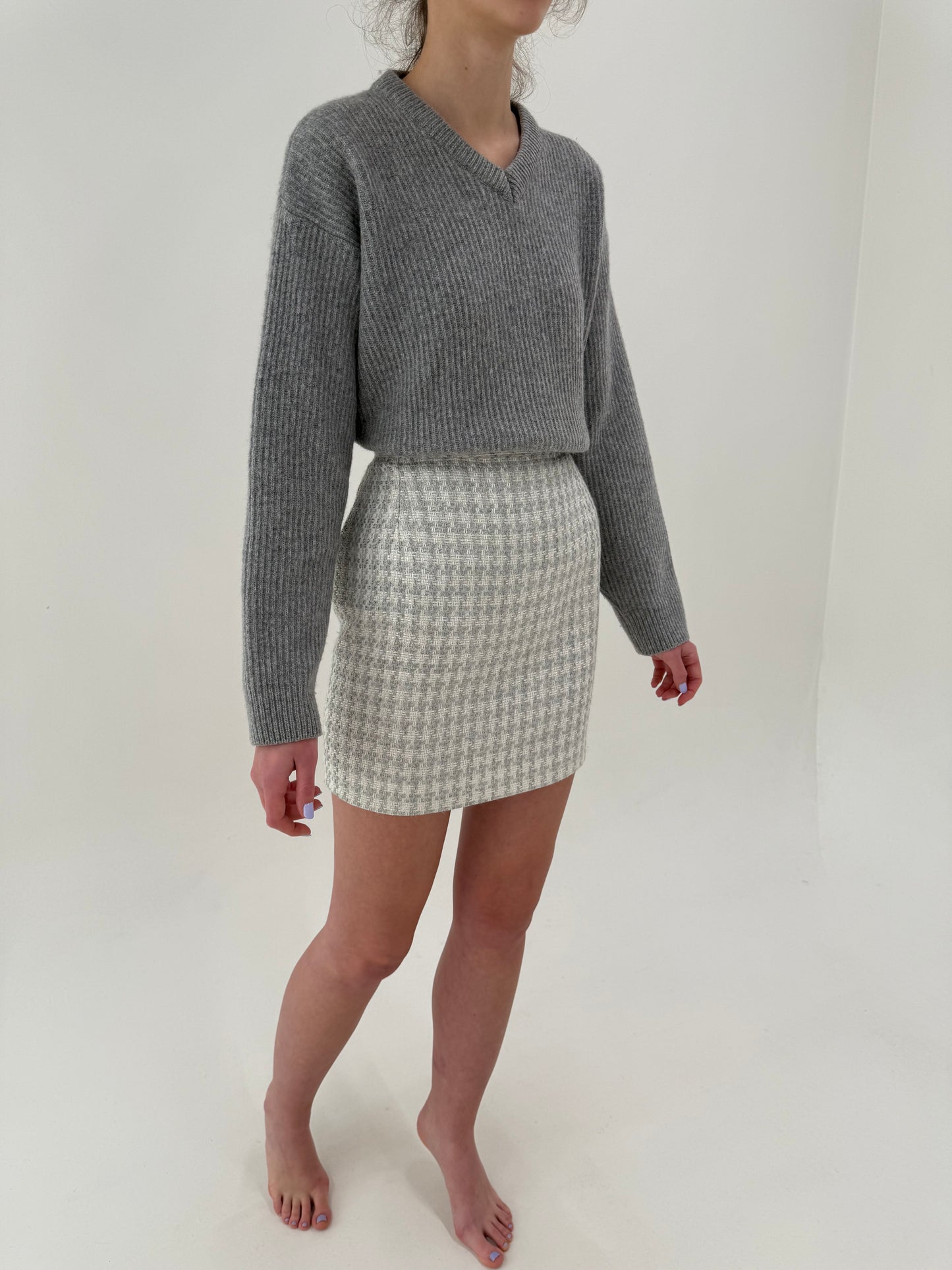 Fustă mini din tweed excepțional în stil Chanel cu talie ultra înaltă