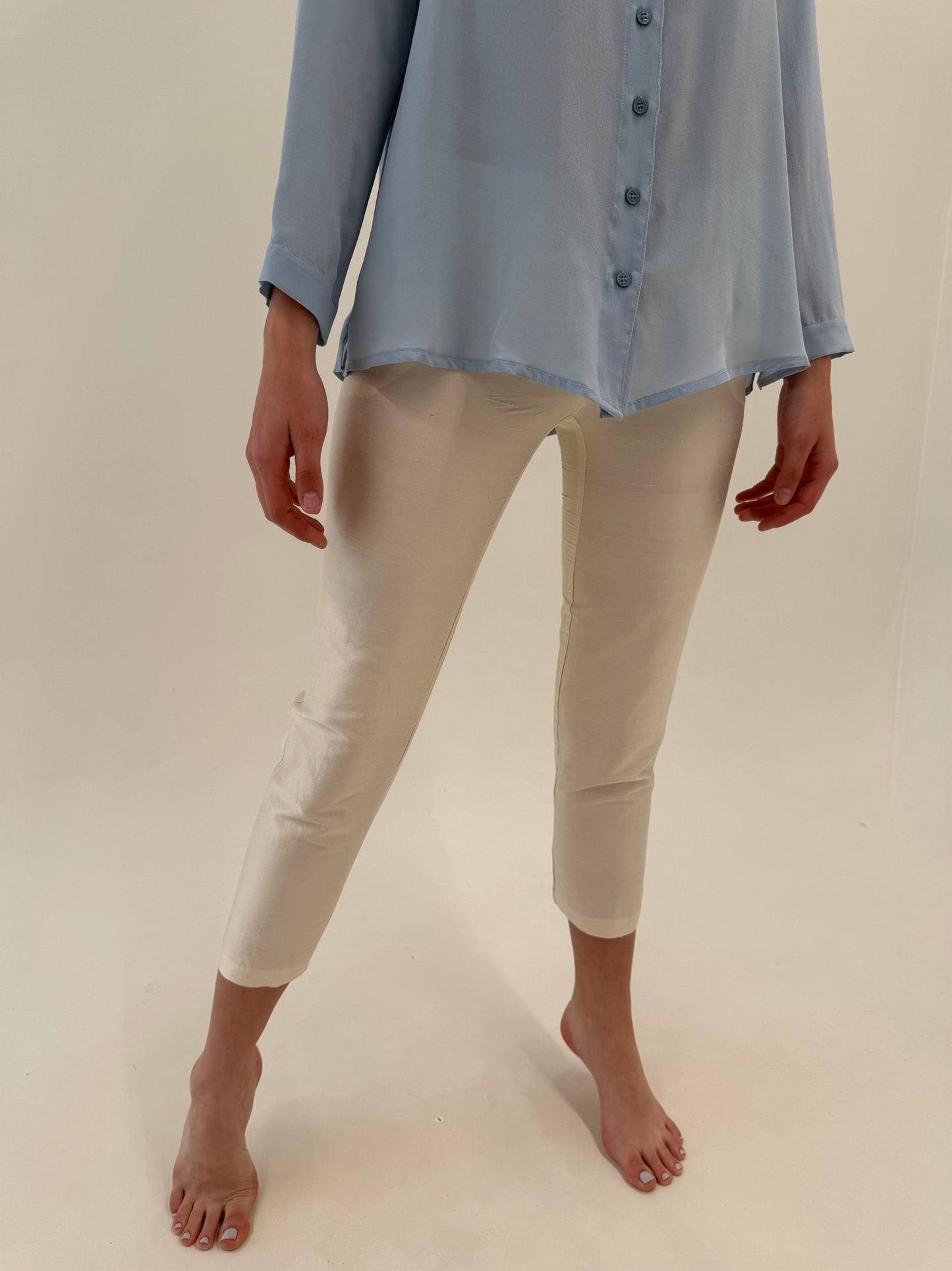 Pantaloni petite italienești din mătase naturală dupioni perlata butter white