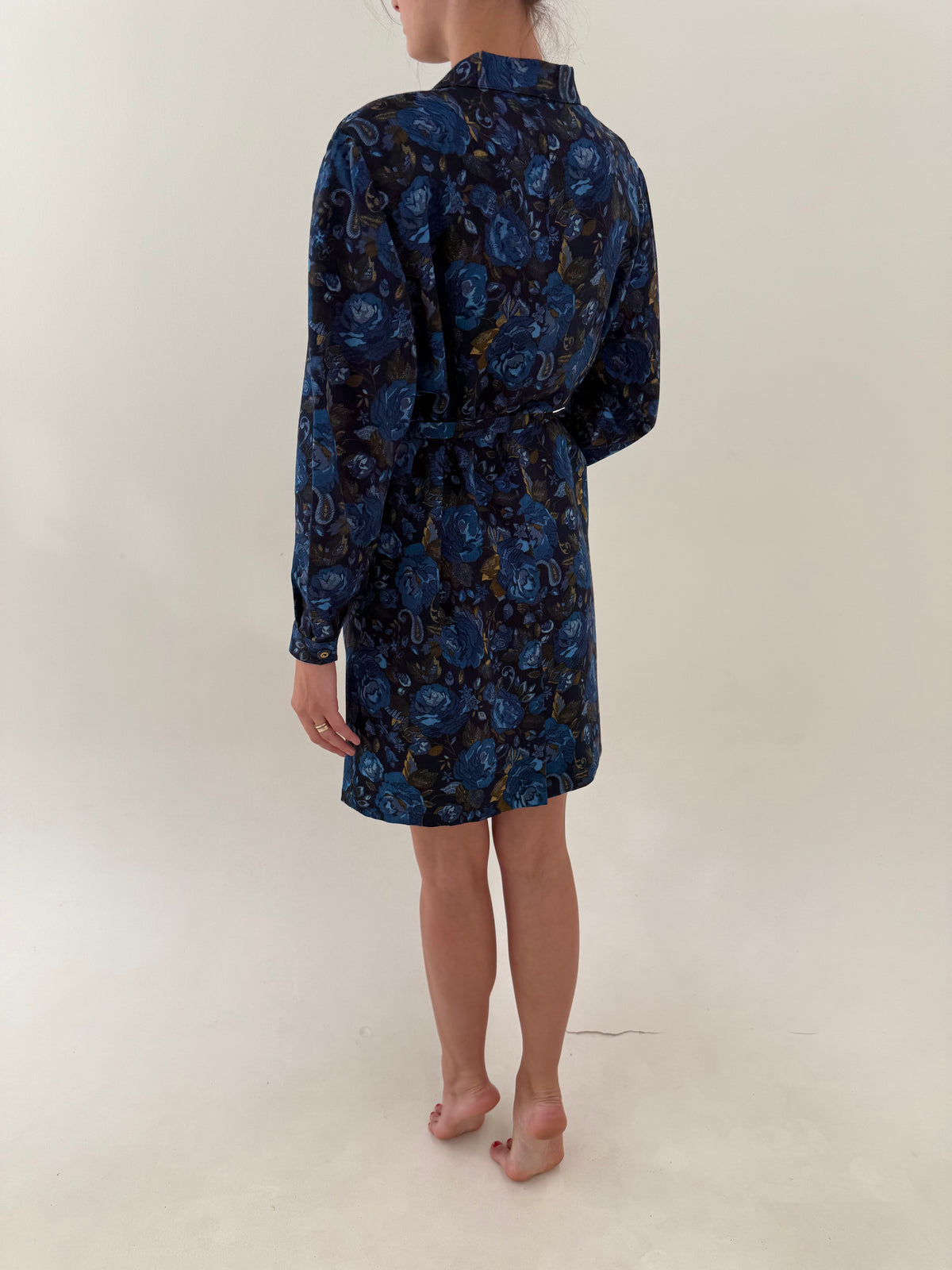Rochie din lana extrafina cu print floral și talie marcată cu curea proprie