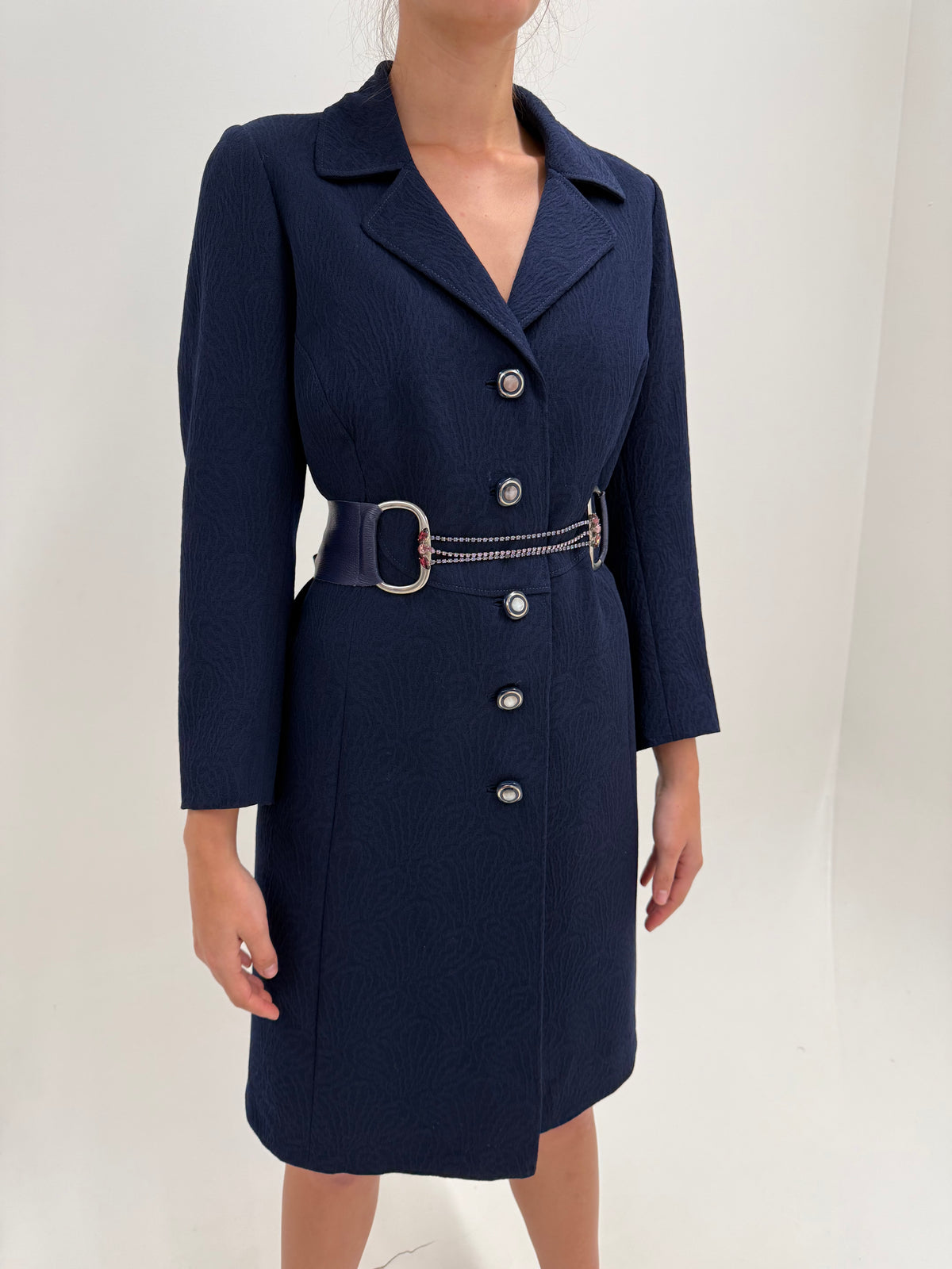 Palton de toamnă old vintage anii 60 din mix de lana extrafina brocart Navy blue