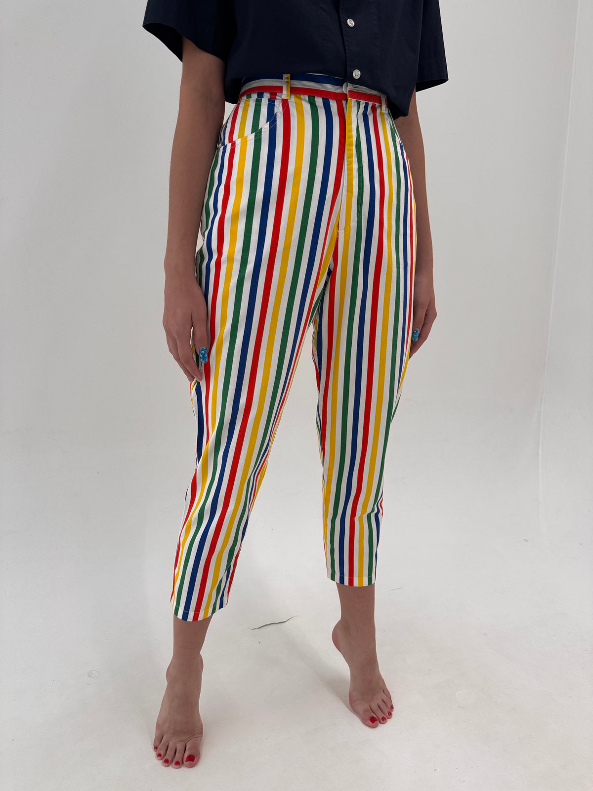 Pantaloni Rocco Barocco luxury țigaretă în dungi din canvas fin de bumbac