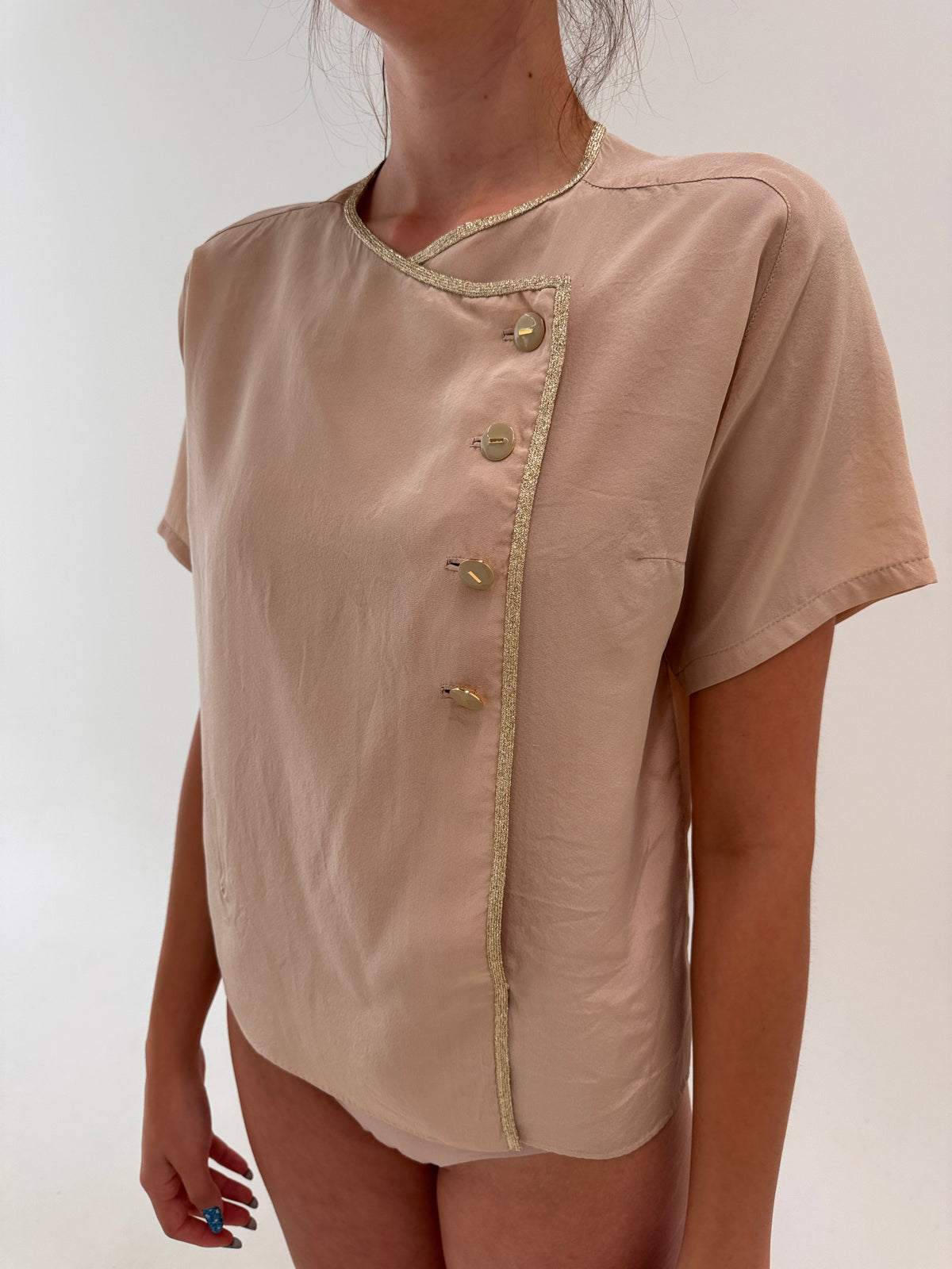 Cămașa pink nude vintage din mătase naturală în croi asimetric