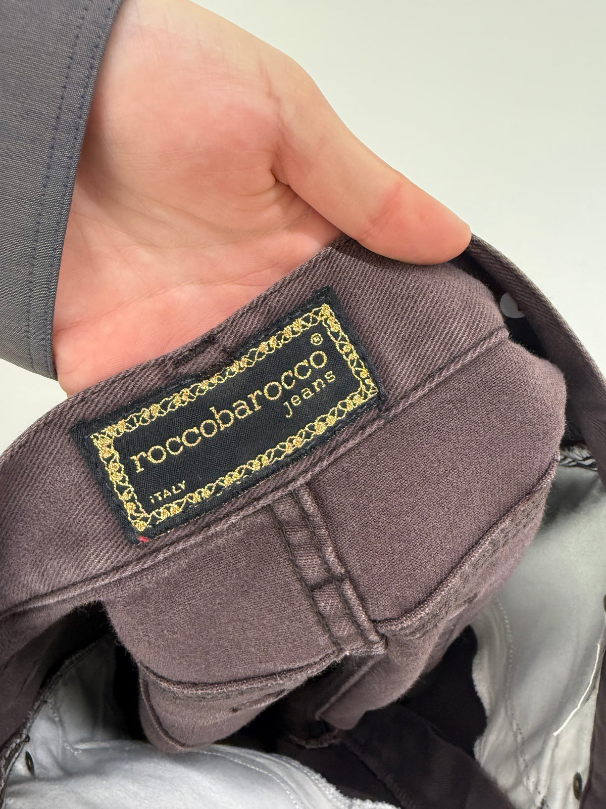 Jeans vintage Rocco Barocco taupe din bumbac gros cu talie ultra înaltă și solduri generoase