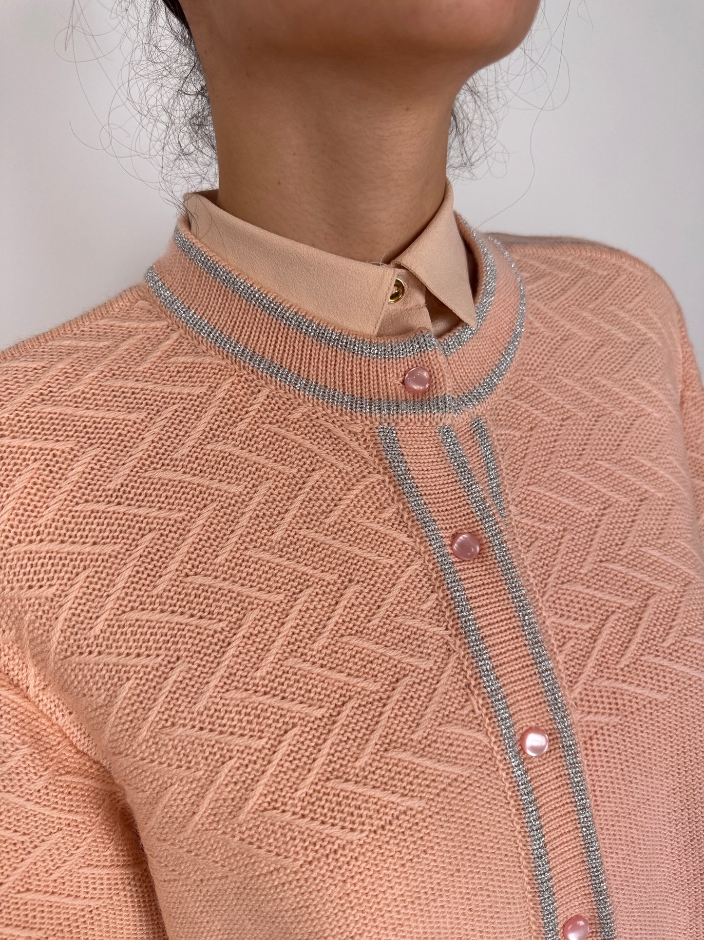 Cardigan gros excepțional peach din tricot texturat de lana pura extrafina