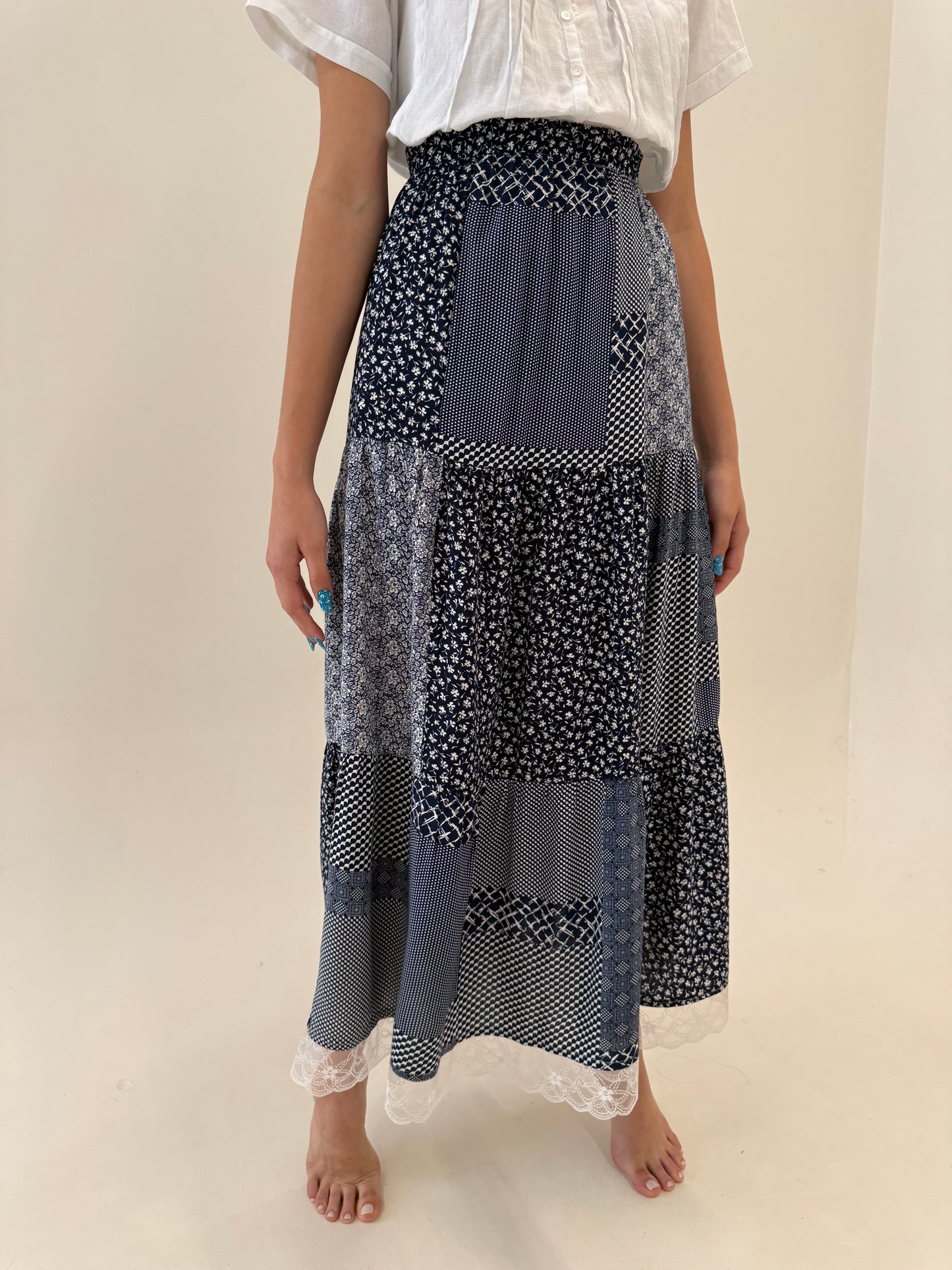 Fustă maxi vintage super vaporoasă cu talie ultra înaltă elastică Navy blue