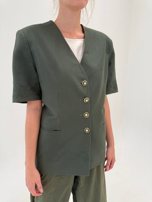 Sacou dark green din pânză de in și vascoza cu nasturi decorativi