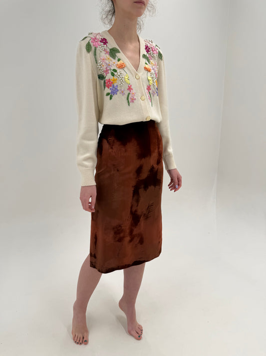 Fustă vintage din catifea caramel brown excepțională midi lung