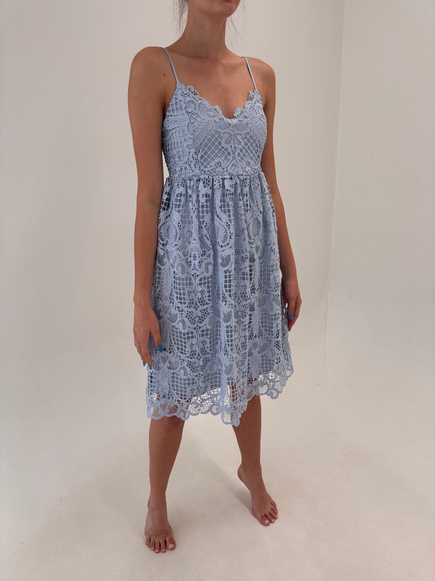 Rochie baby Blue din dantelă macrame cu talie ultra înaltă marcată