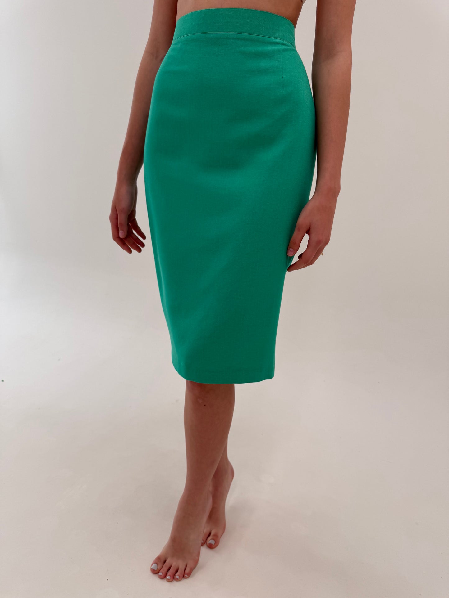 Costum vintage emerald green cu sacou cambrat și fustă creion din în și vâscoza