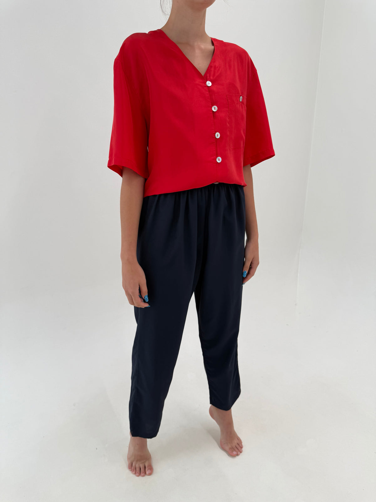 Pantaloni Navy vintage noi cu etichetă și talie ultra înaltă elastică