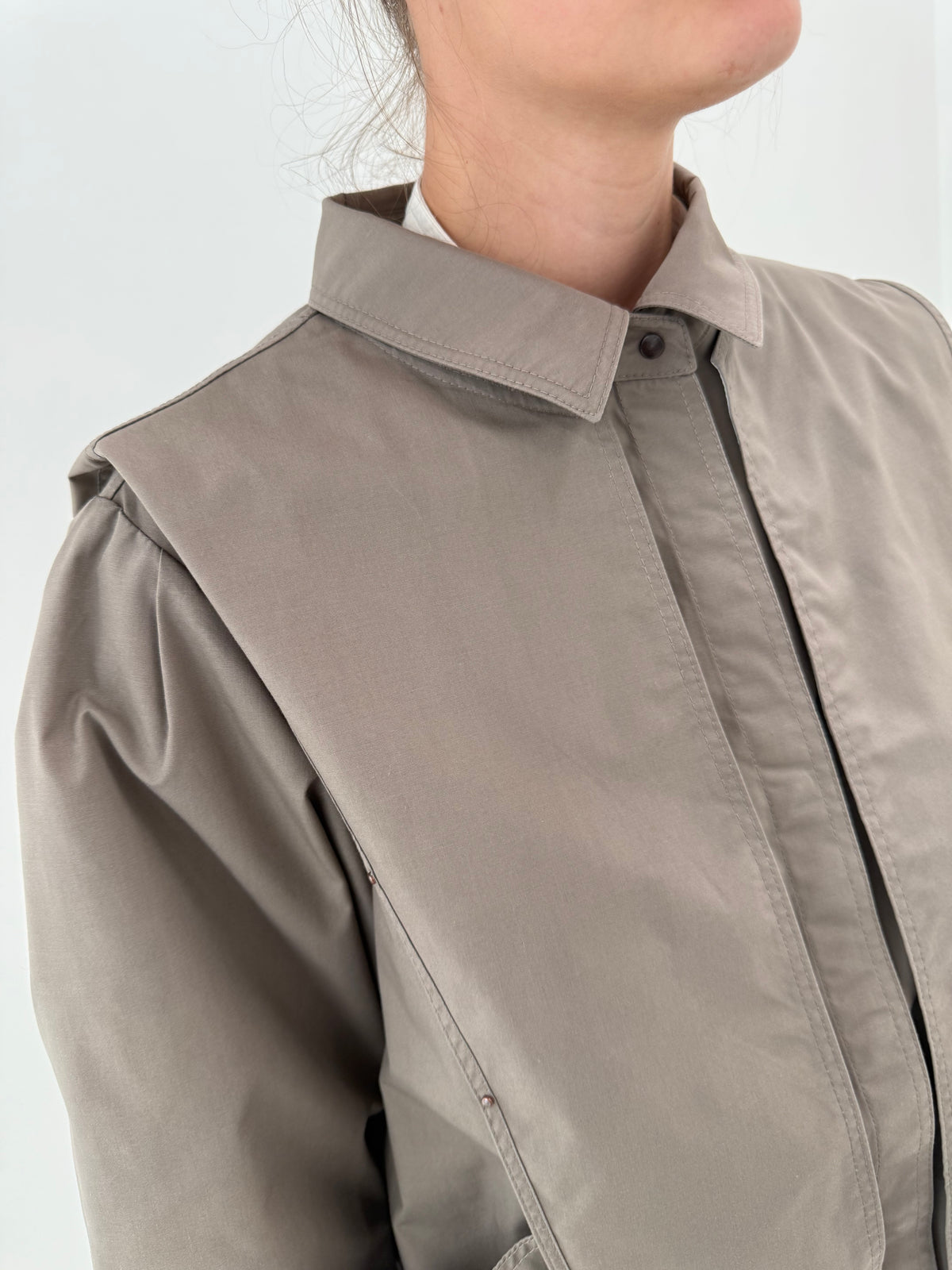 Set vintage warm gray din gabardină în croi retro modern cu Bomber și fustă midi