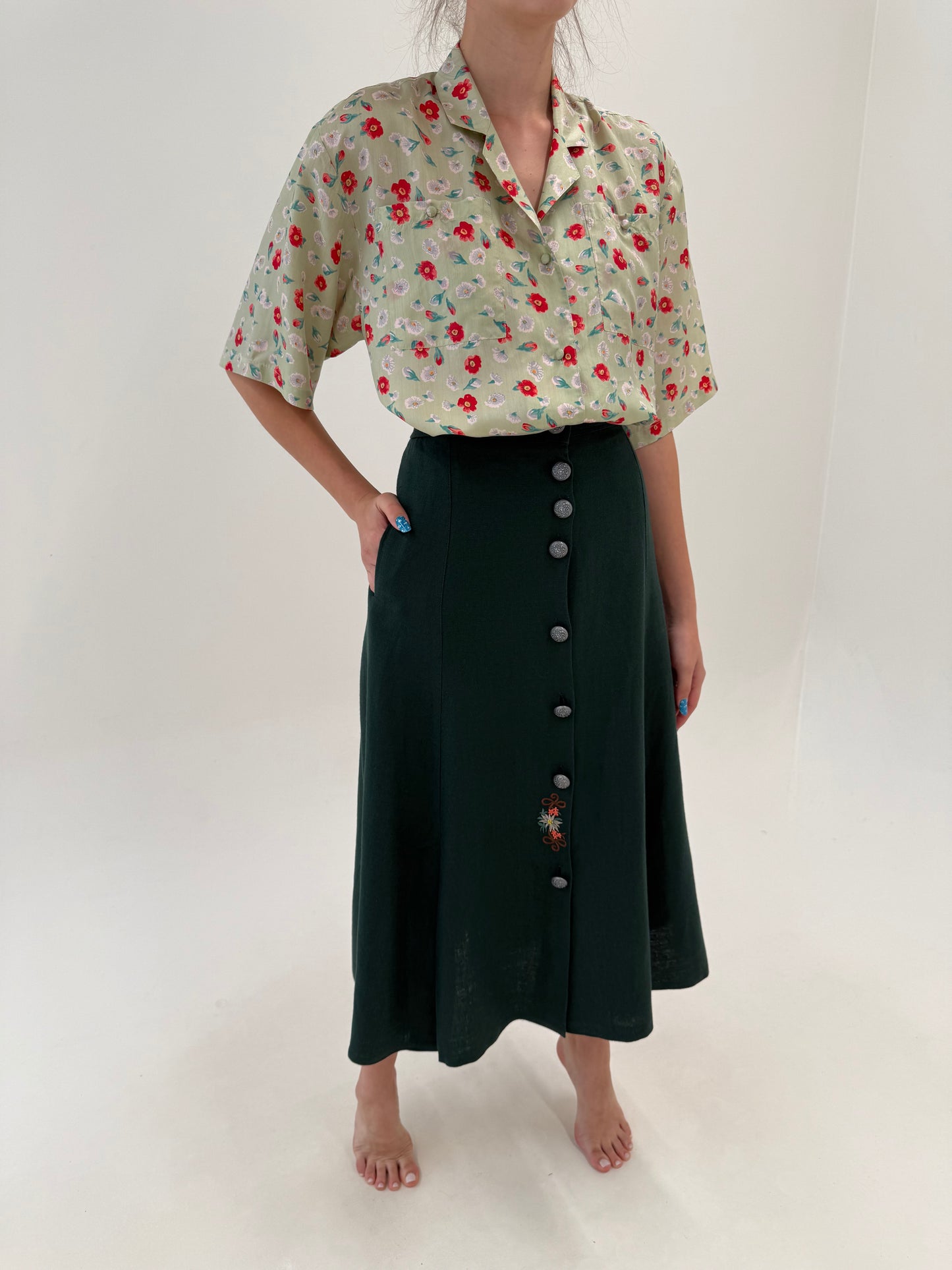 Fustă maxi dark green din in excepțional cu broderie și buzunare