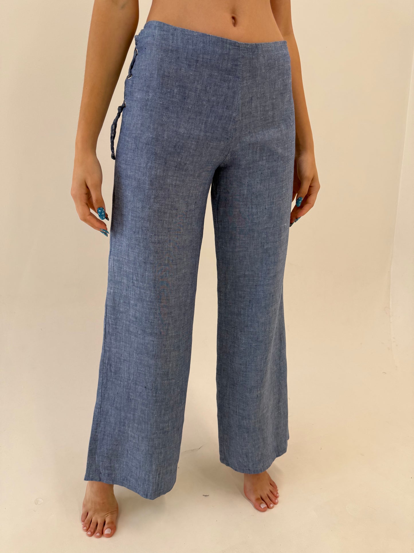 Pantaloni tall din in în croi evazat italiniesti jeans blue
