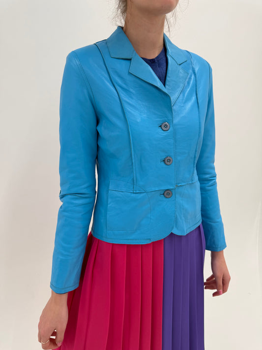 Sacou turcoaz din cea mai fină și moale piele naturală în croi cambrat