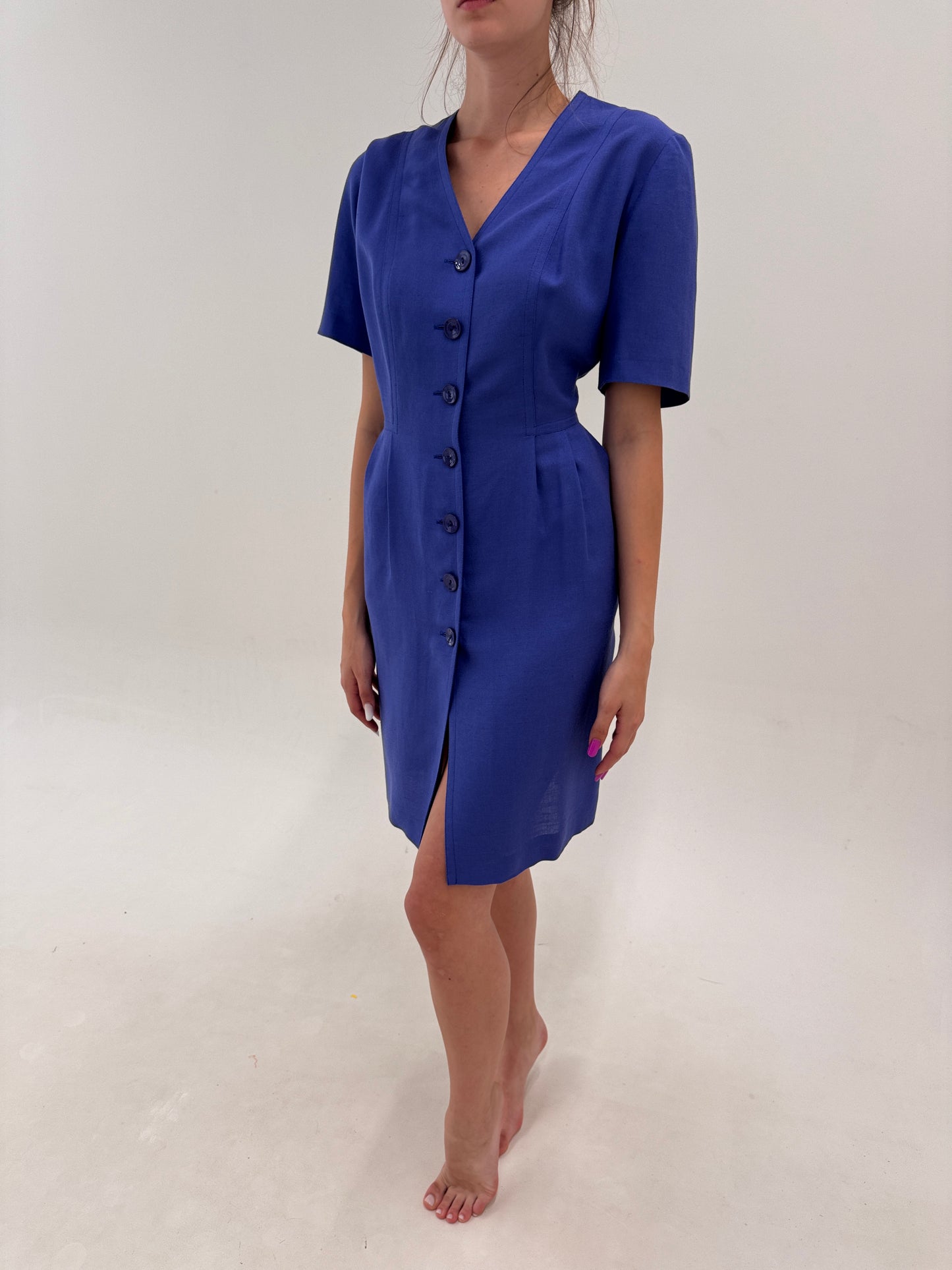 Rochie vintage iris blue cu talie marcată și buzunare din panzica