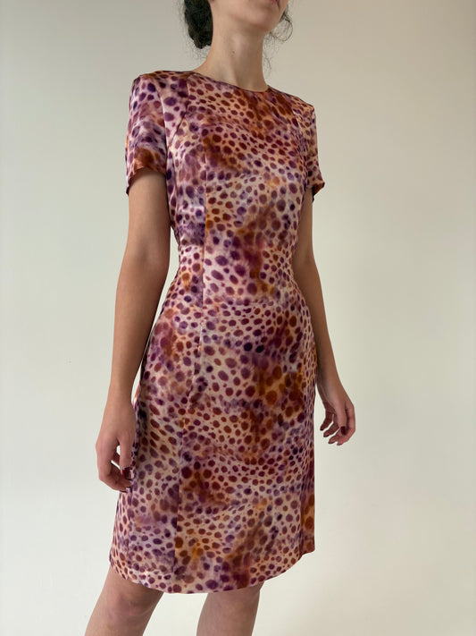 Rochie din mătase naturală în croi clasic camel și nuanțe de lavandă