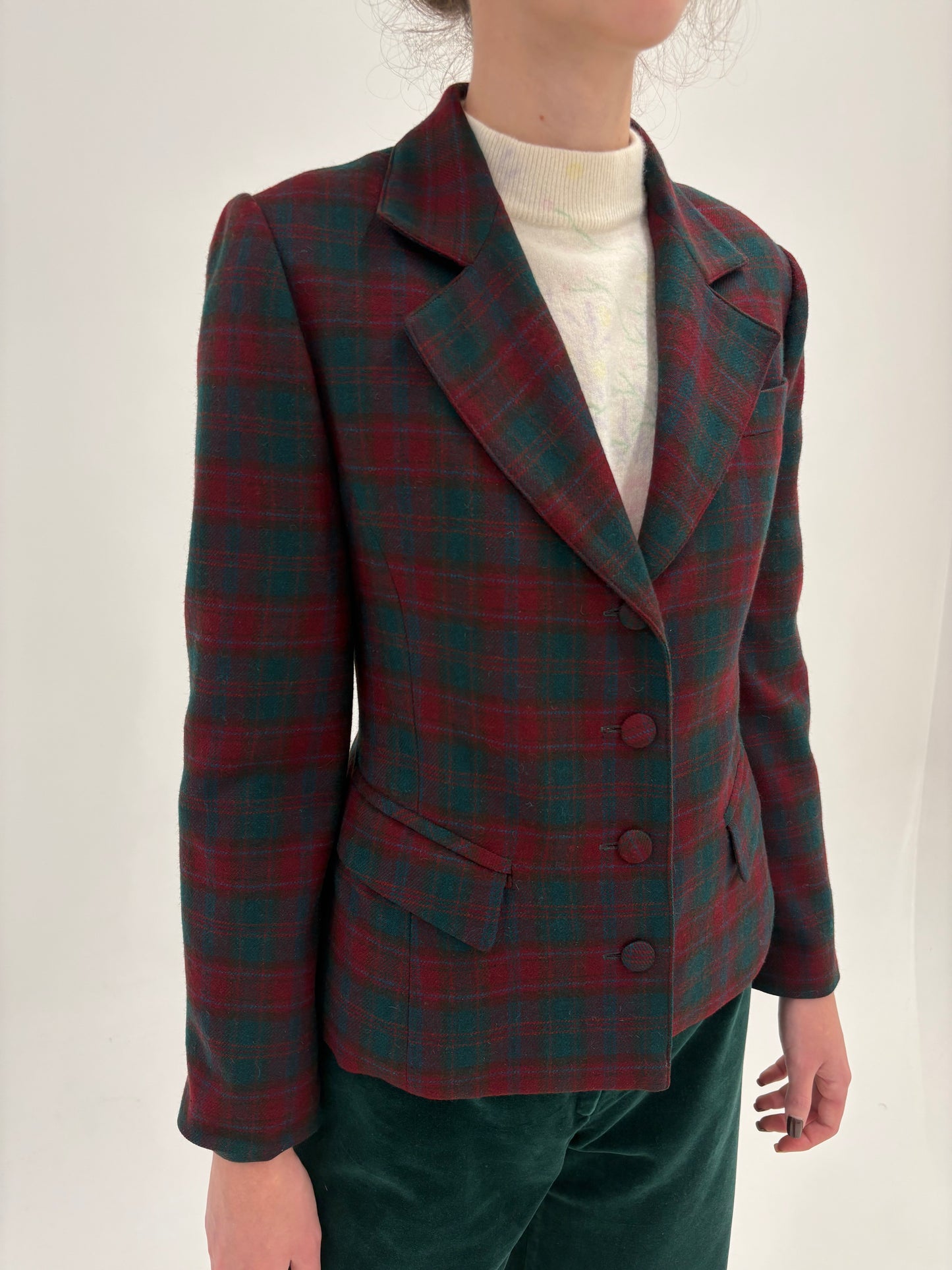 Sacou vintage cambrat din tweed burgundy cu forest green