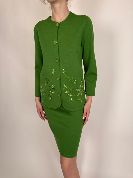 Set vintage kelly green din jerse cu broderie