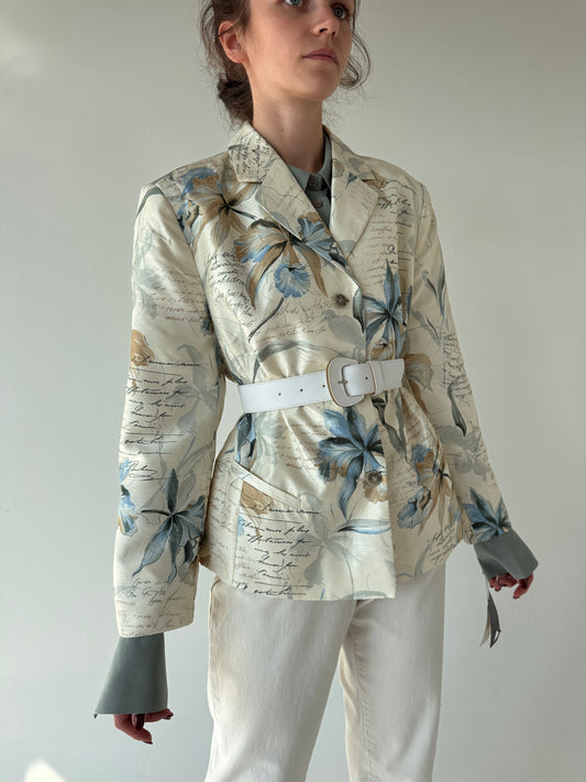 Sacou off white cu print organic superb din lanita și mătase