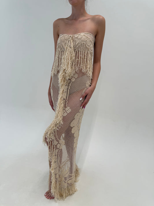 Rochie tall camel spectaculoasă din macrame excepțional lucrat manual cu franjuri