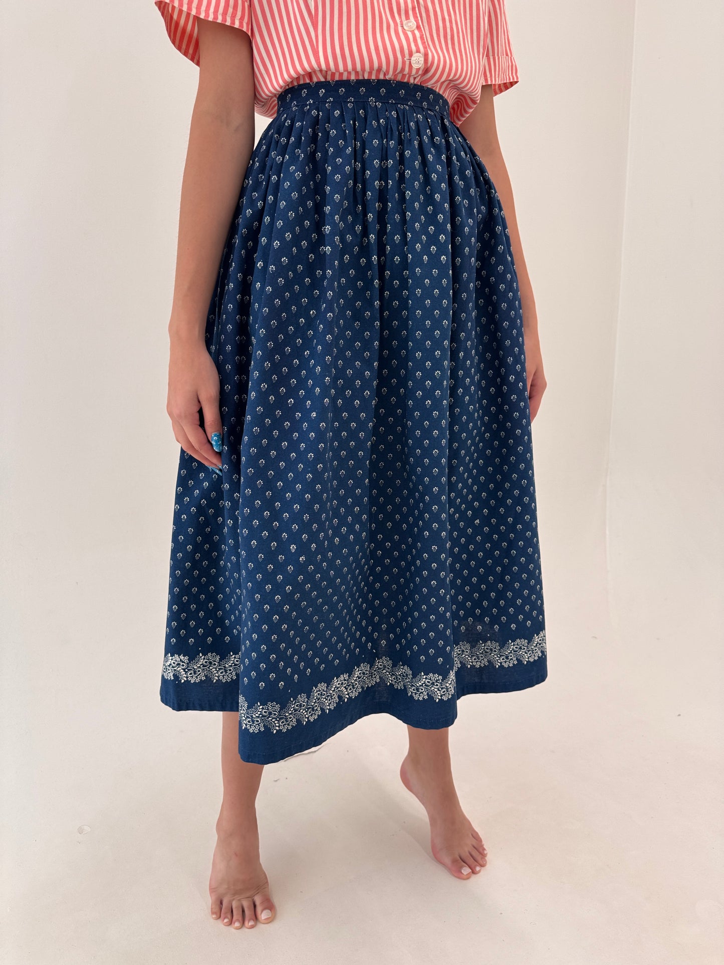 Fustă maxi dark jeans blue din canvas de bumbac cu talie ușor elastică