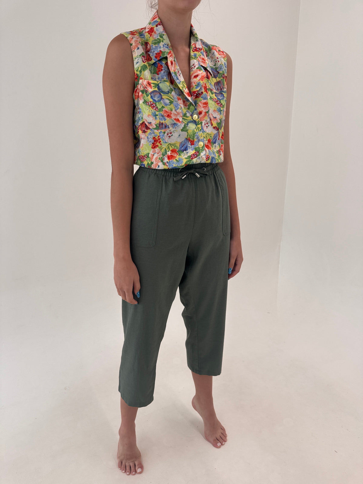 Pantaloni petite kaki din pânză de in cu talie elastică reglabilă