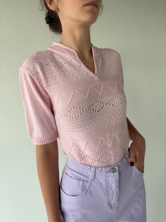 Top vintage dantelat powder pink din jerse