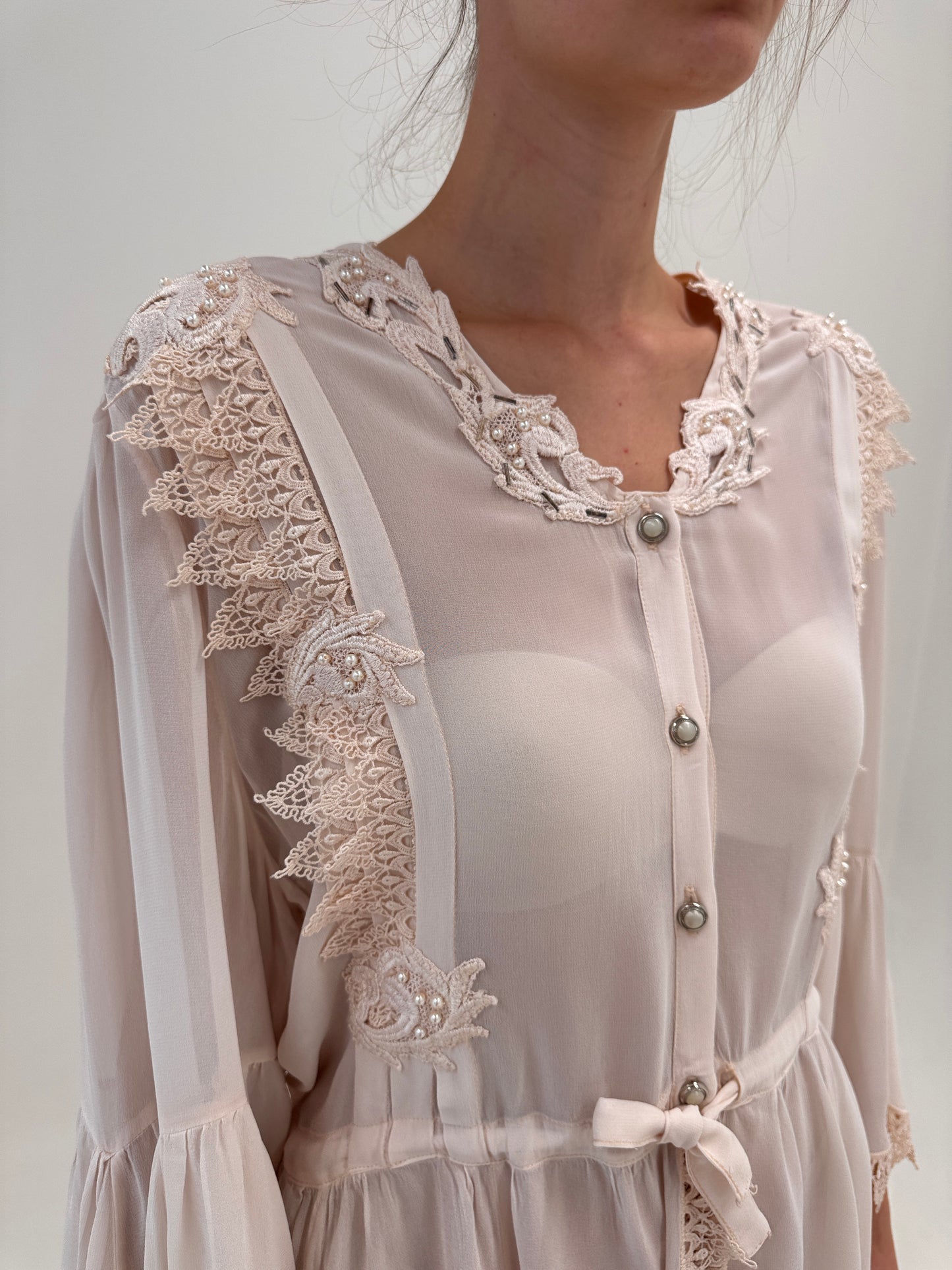 Top vintage dusty powder Pink cu talie marcată reglabilă și dantelă macrame