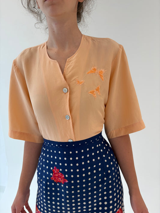 Cămașa din mătase naturală salmon orange cu broderie