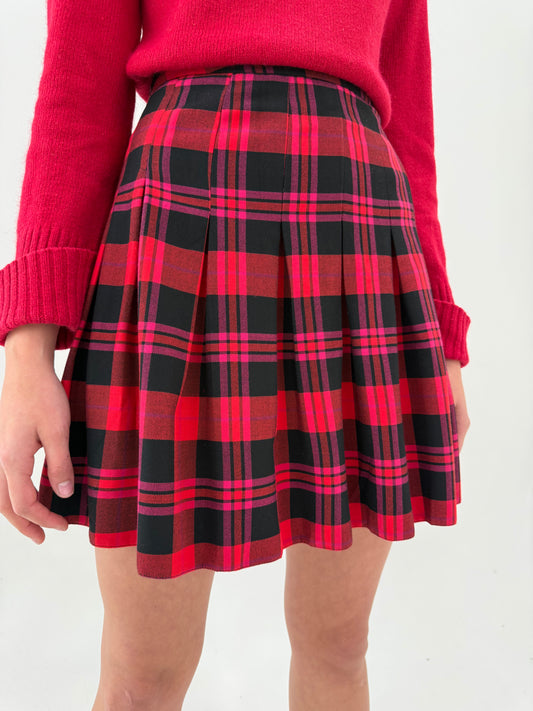Fustă mini plisată din stofă moale tartan  în culori tari