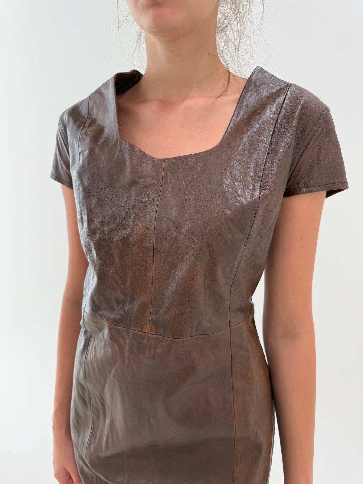 Rochie din piele naturală moale chocolate brown în croi clasic