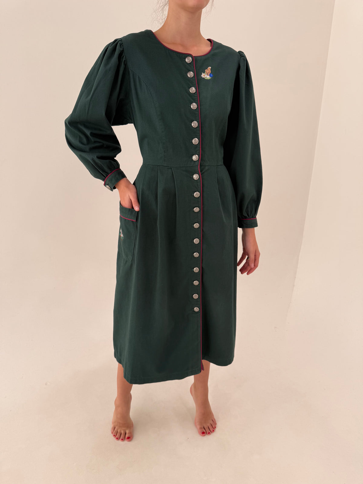Rochie vintage cu corsaj din twill dark green super gros de bumbac