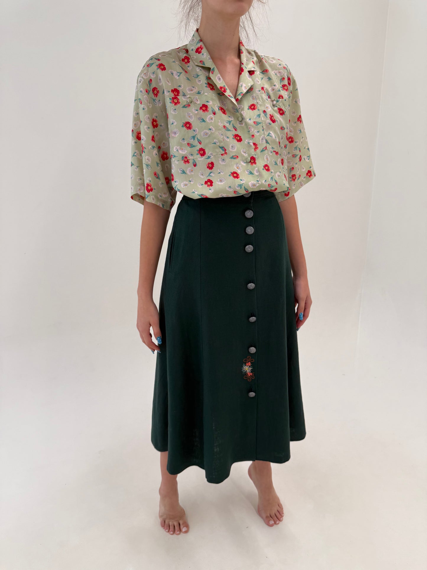 Fustă maxi dark green din in excepțional cu broderie și buzunare