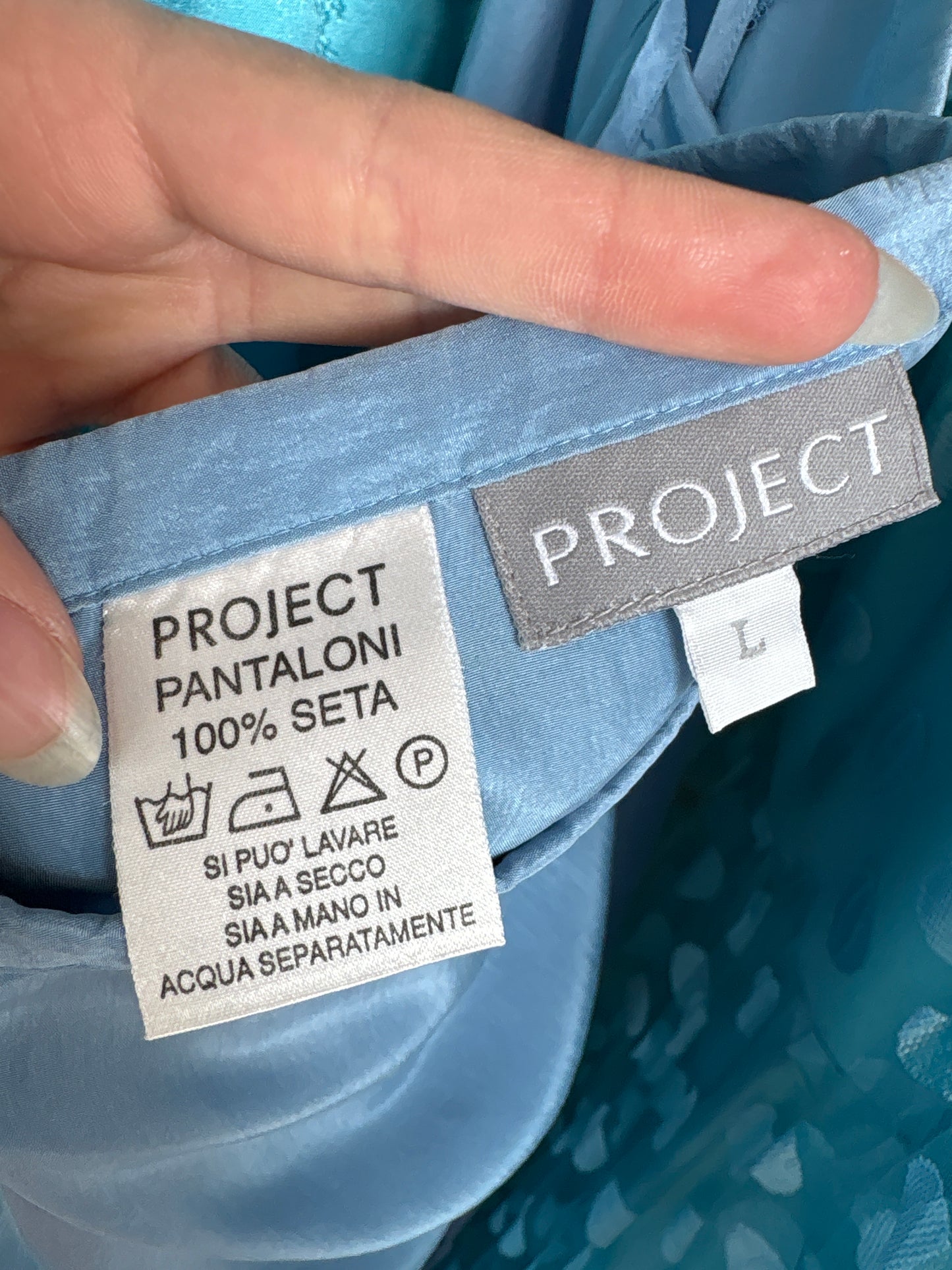 Pantaloni palazzo dusty baby blue din mătase matuala cu talie reglabilă