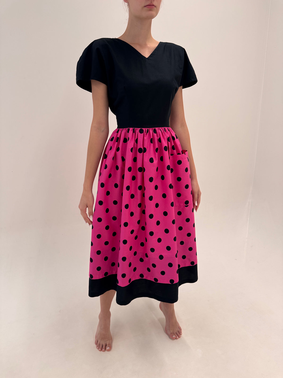 Rochie vintage italiană maxi cu buline în croi de ani 50 din bumbac premium