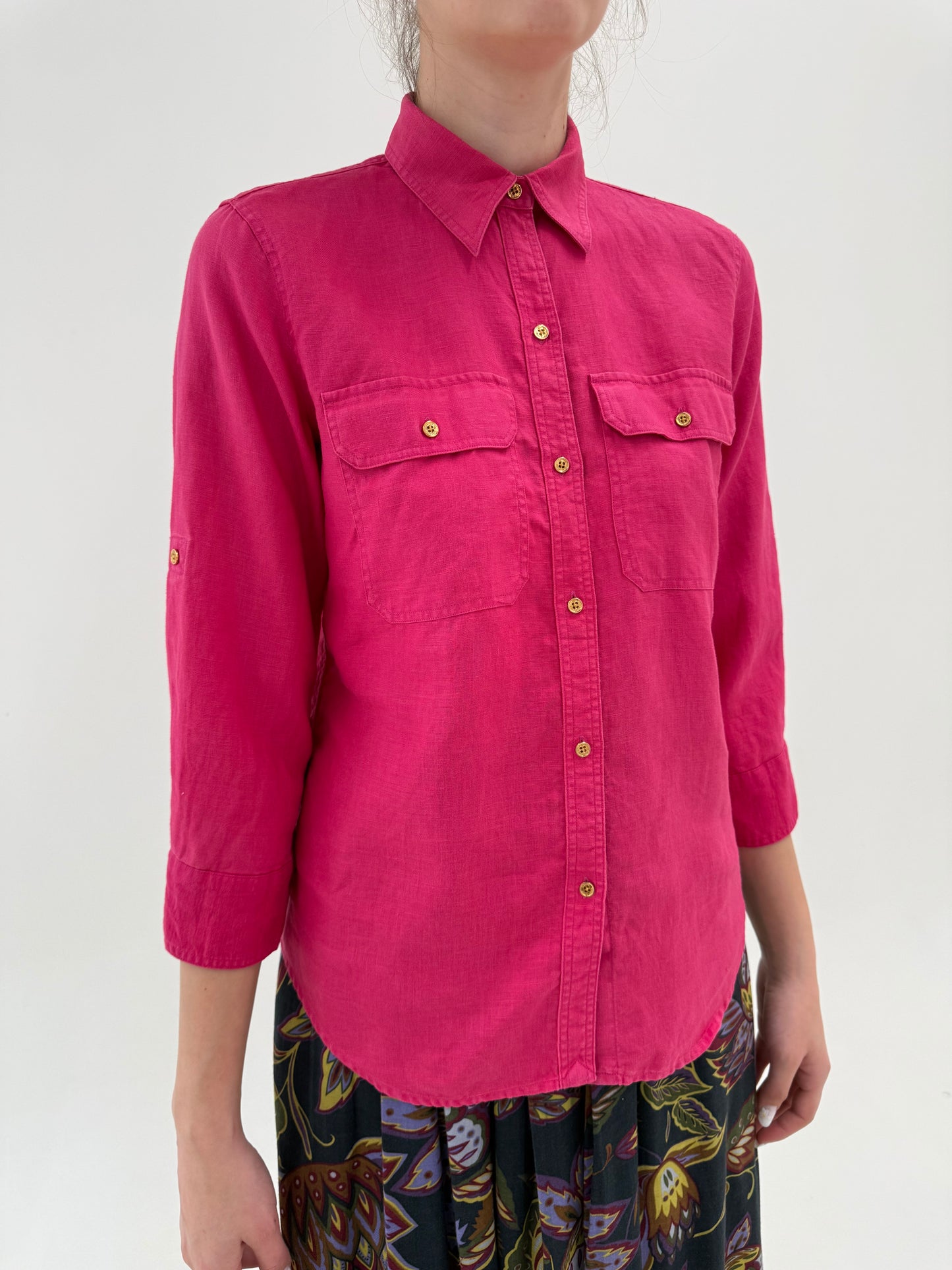 Cămașa fucsia Ralph Lauren din in cu mânecă 3/4
