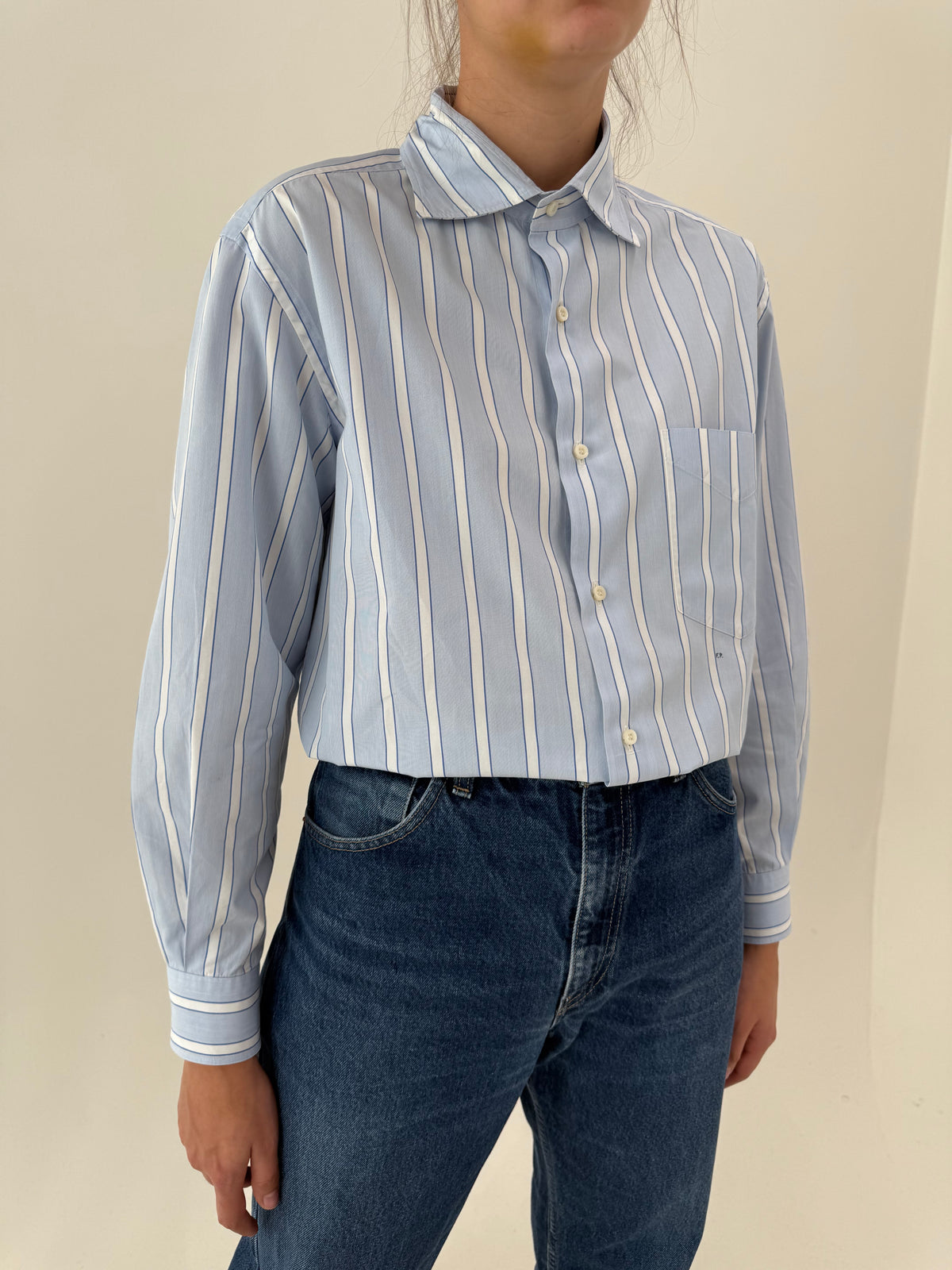 Cămașa petite baby blue în dungi din poplin excepțional de bumbac