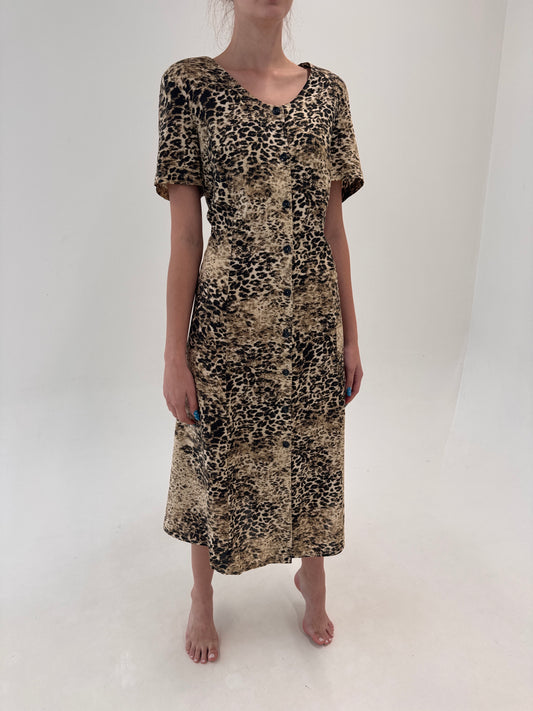 Rochie vintage maxi animal print vaporoasă cu talie reglabilă la spate