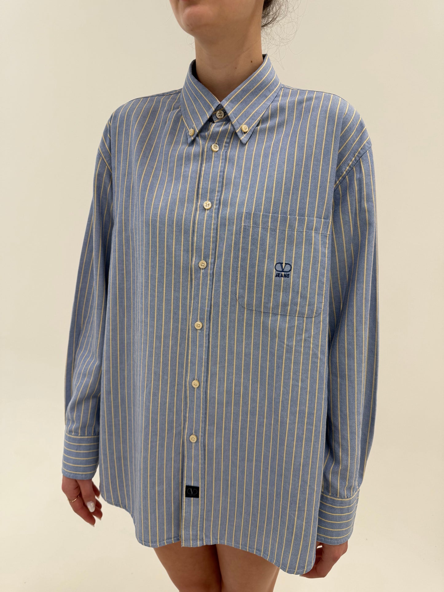 Cămașa Valentino baby blue în dungi fine butter yellow din poplin