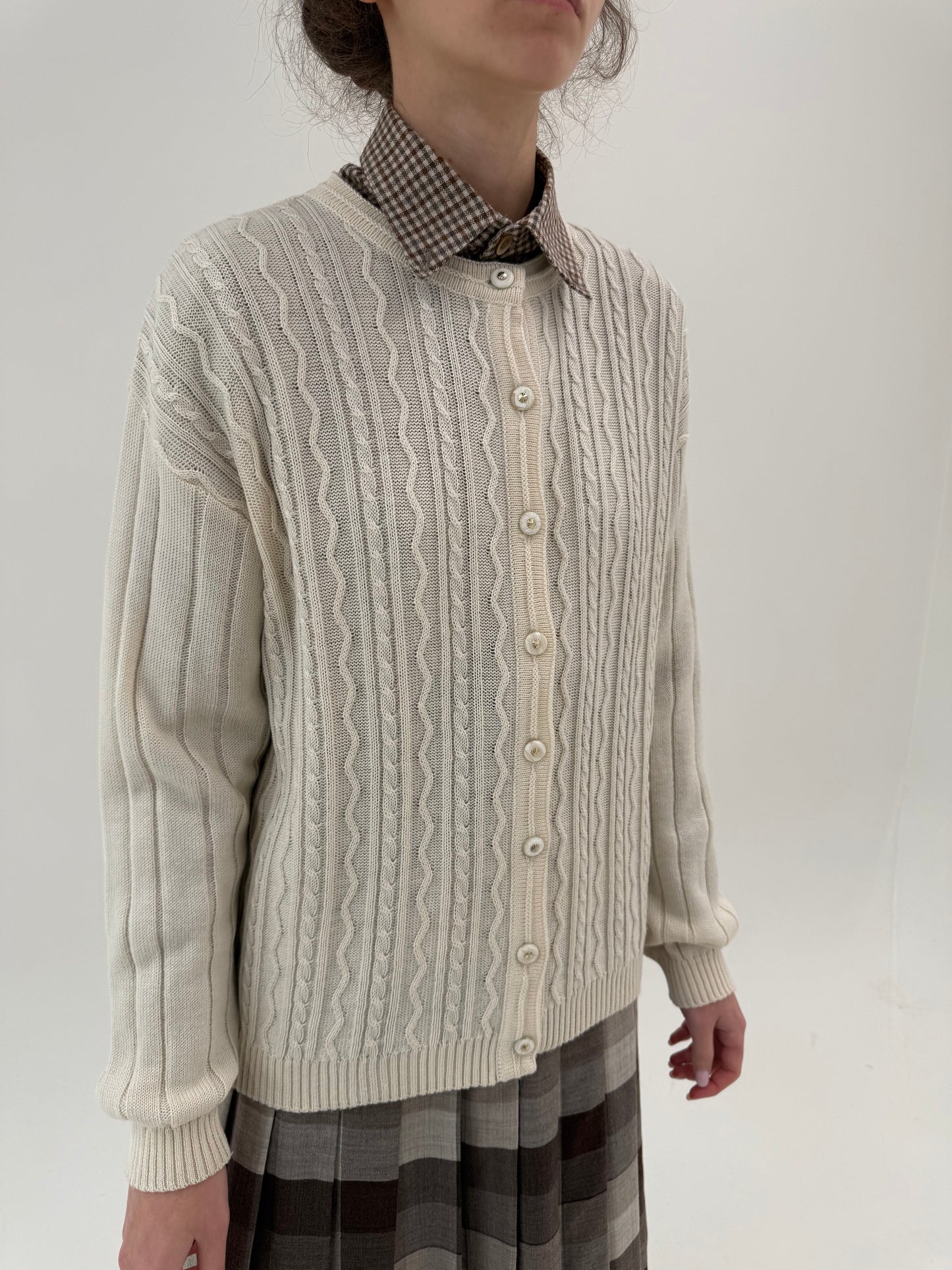 Cardigan vintage butter white texturat din lana extrafina