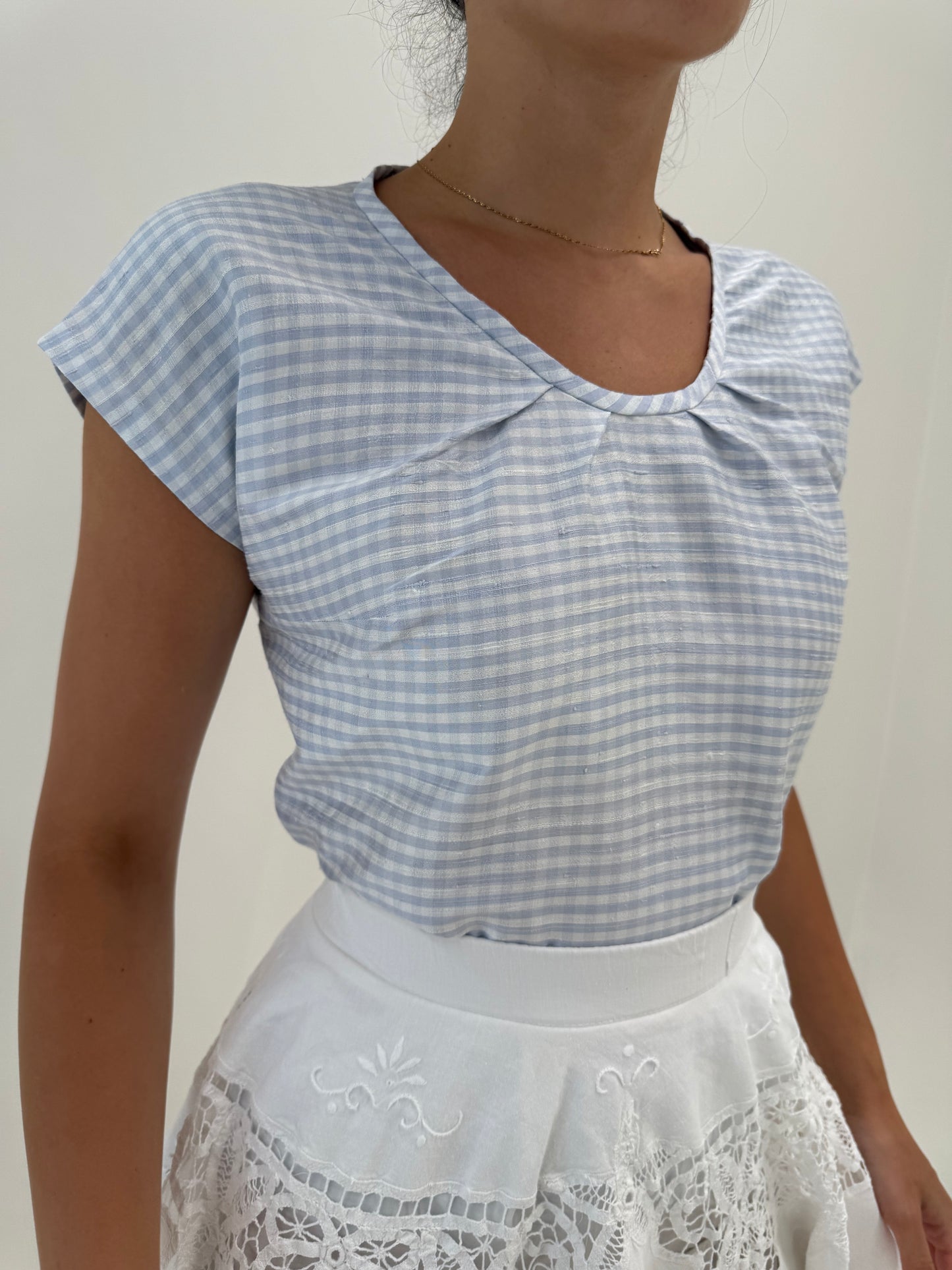 Top gigham dusty baby blue din mătase naturală dupioni in croi lejer