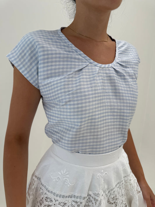 Top gigham dusty baby blue din mătase naturală dupioni in croi lejer
