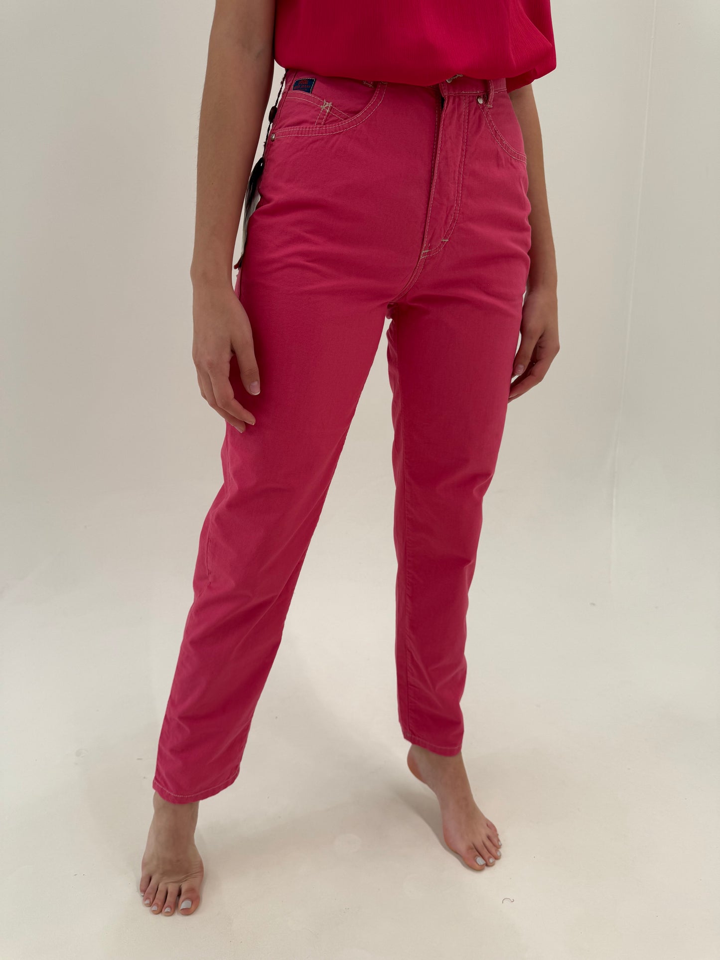 Pantaloni vintage noi din poplin de bumbac fucsia tall