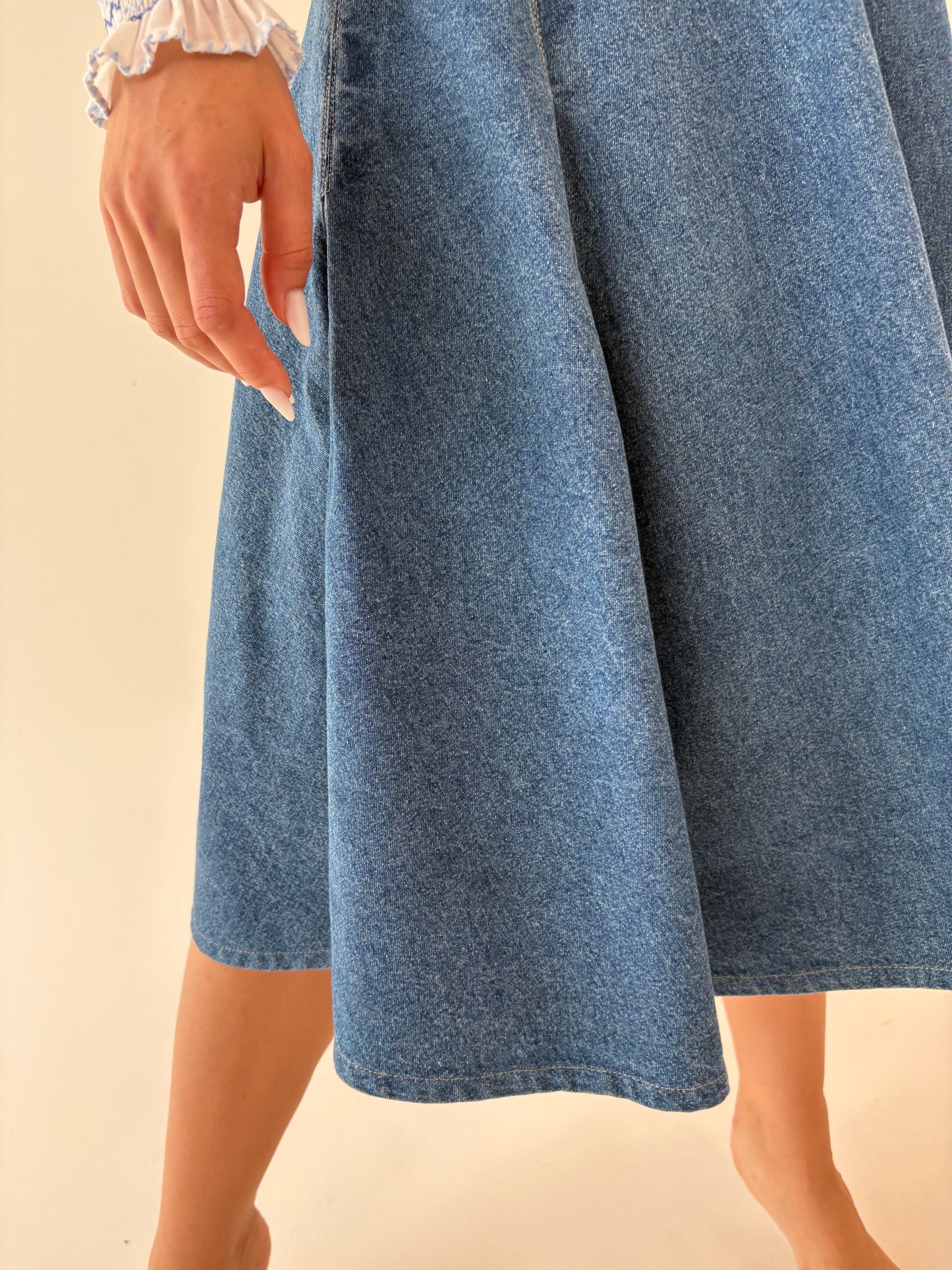 Fustă old vintage din jeans anii 80 extrem de amplă cu talie ultra înaltă