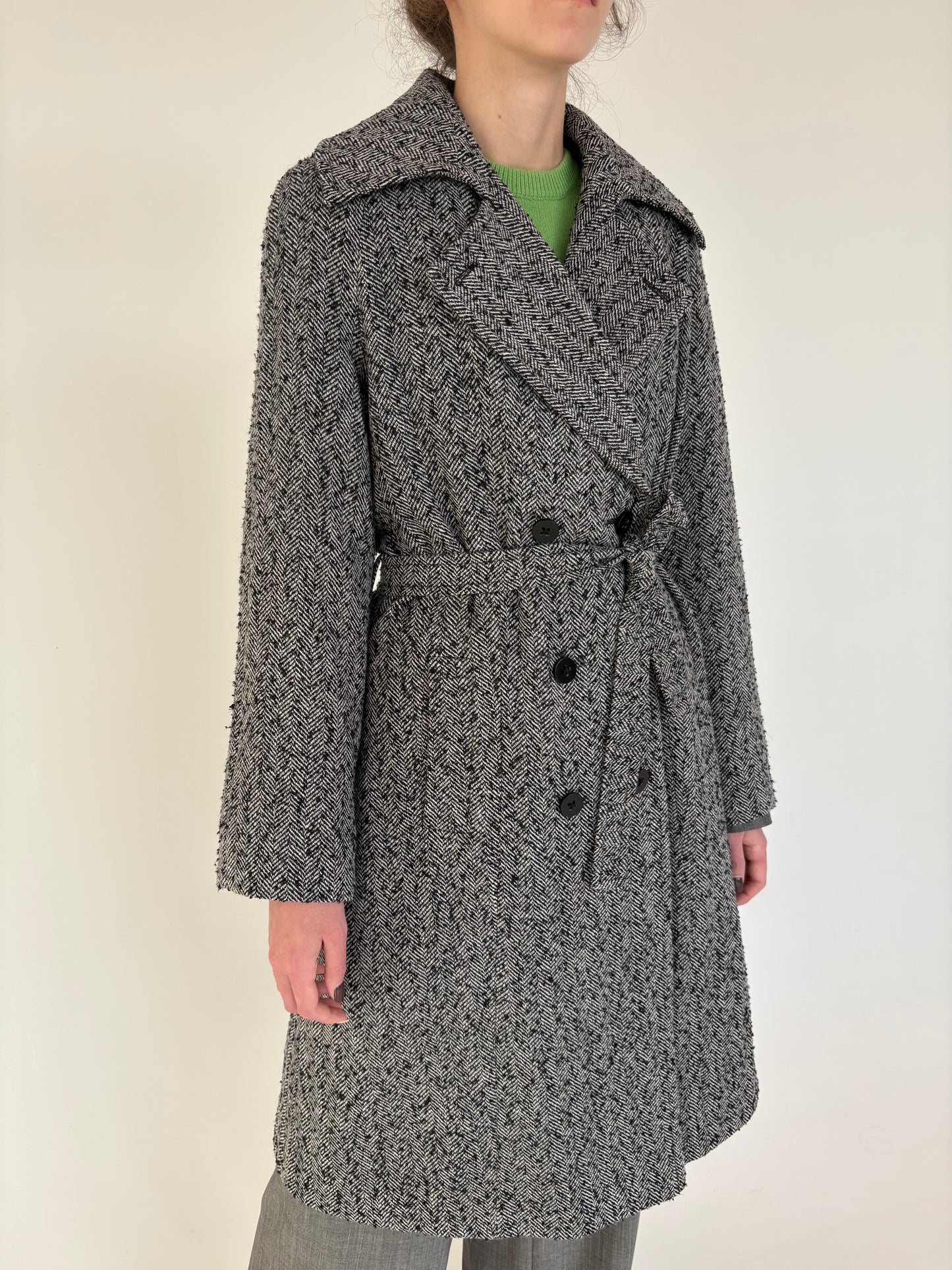 Palton din tweed herringbone rustic moale de lana cu cordon