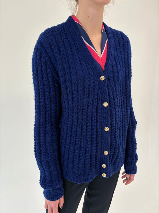 Cardigan vintage gros albastru cerneală din lana extrafina texturată