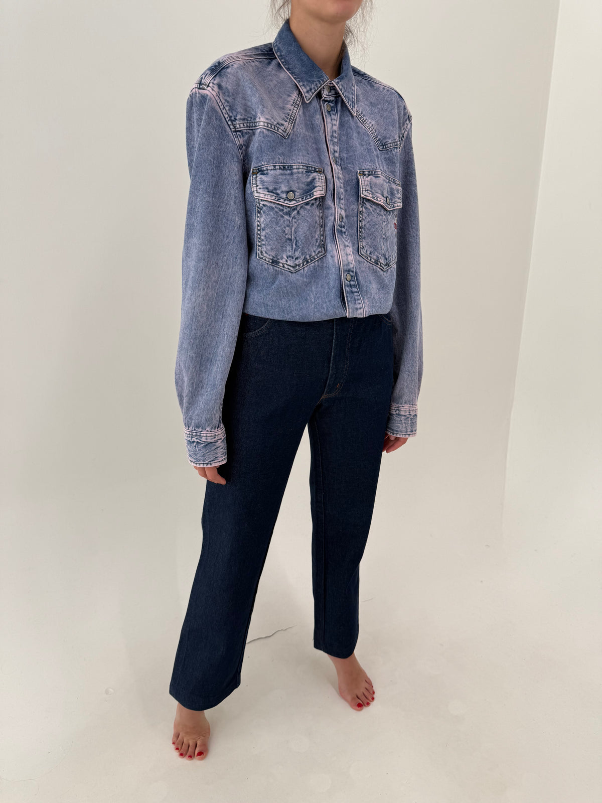 Jeans raw vintage italinesti de brand premium indigo wash ușor evazat tall