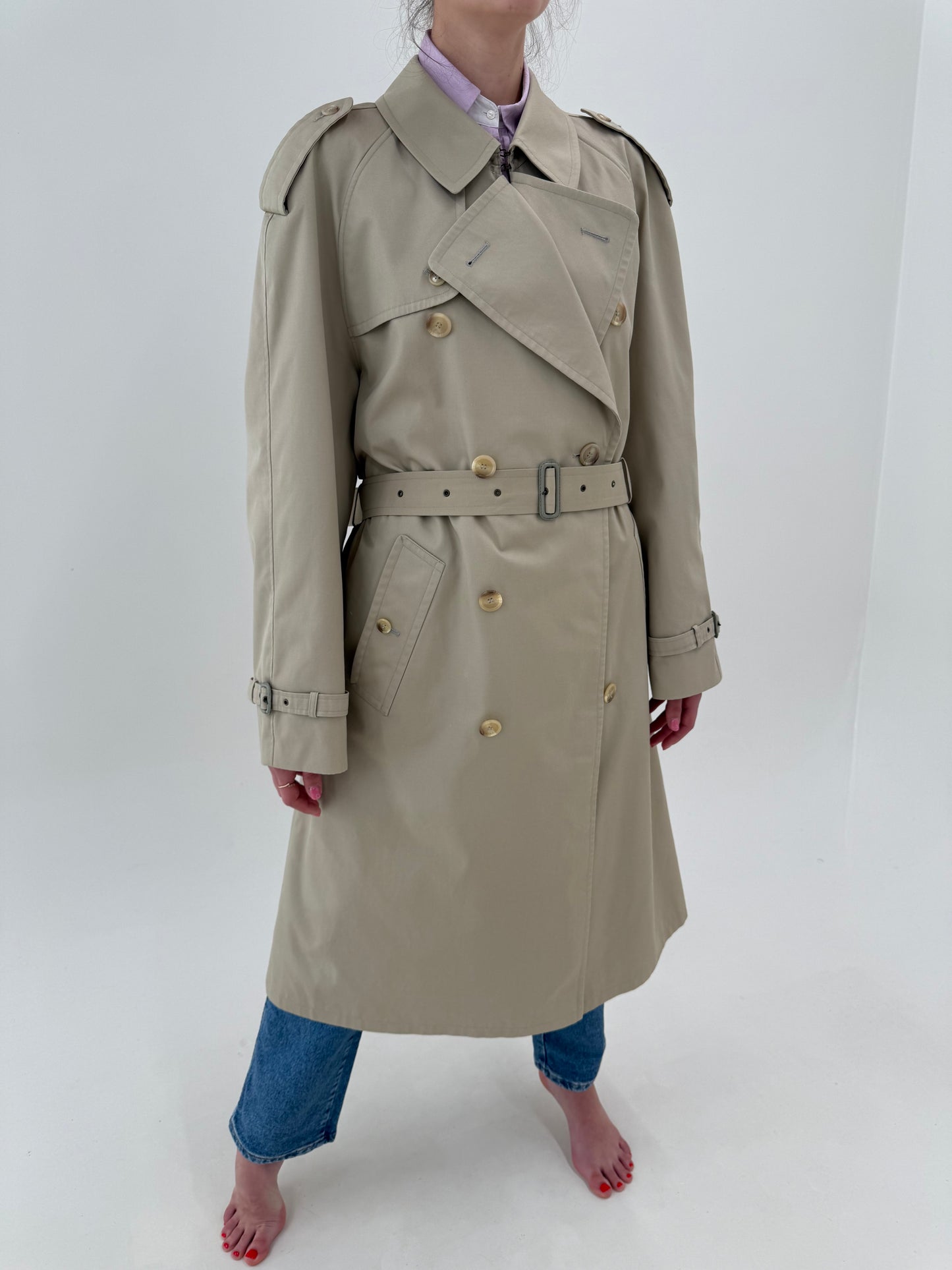 Trench vintage camel din gabardină impermeabilă cu talie ultra înaltă marcată